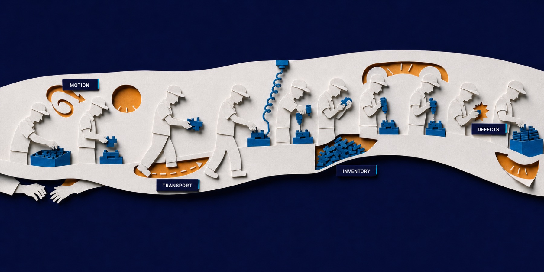 Paper-cut illustration of an assembly line where motion, transport, inventory, and defects wastes are flagged along the process